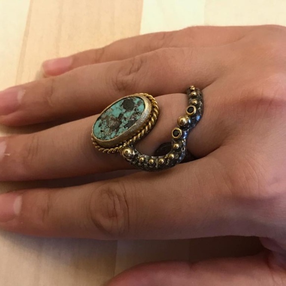 Silver&18K Caribbean Larimar Ocean Green WomenRing - Picture 5 of 6